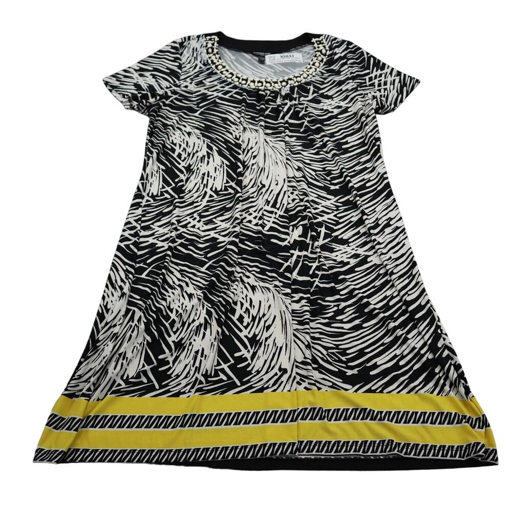 Blooming Rose Dress Womens XL Black White Casual Lightweight Short Sleeve Beaded